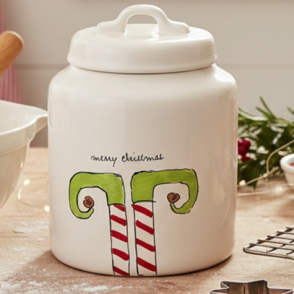 Rae Dunn Whimsical Merry Christmas Elf Feet Ceramic Canister Large 8”H x 6”D